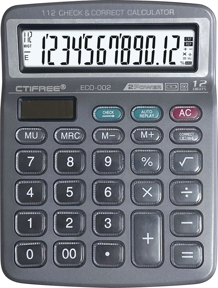 CTIFREE ECO-002 fekete számológép, 138x178mm, 12 számjegy, dual power