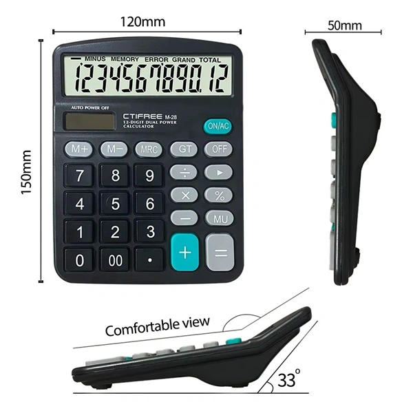 CTIFREE M-28 fekete számológép, 120x150mm, 12 számjegy, dual power, 2 év garancia