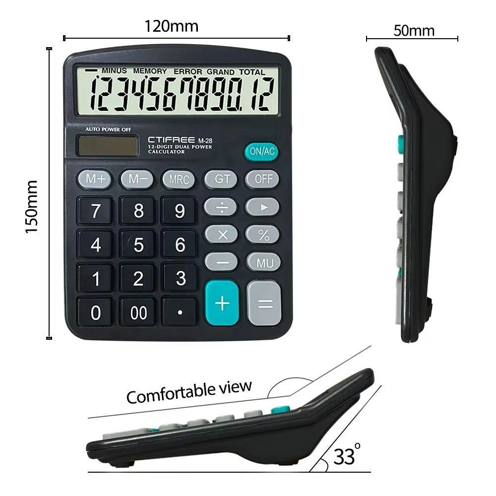 CTIFREE M-28 fekete számológép, 120x150mm, 12 számjegy, dual power, 2 év garancia