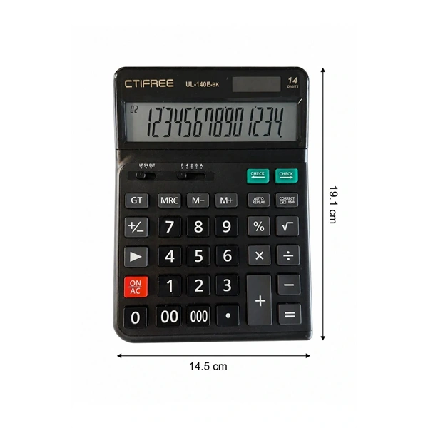 CTIFREE UL-140E-BK fekete ergonómikus számológép, 145x198mm, 14 számjegy, dual power, 2 év garancia