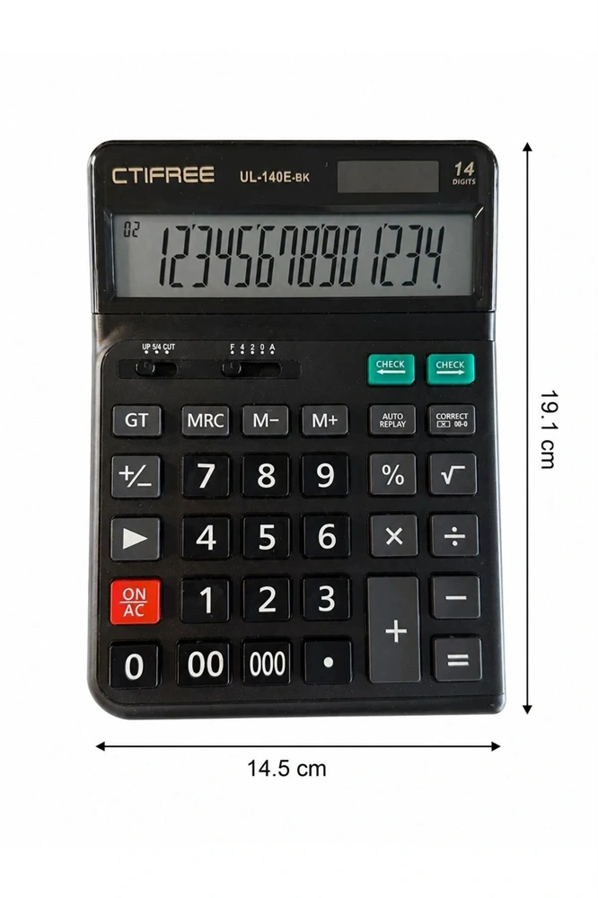 CTIFREE UL-140E-BK fekete ergonómikus számológép, 145x198mm, 14 számjegy, dual power, 2 év garancia