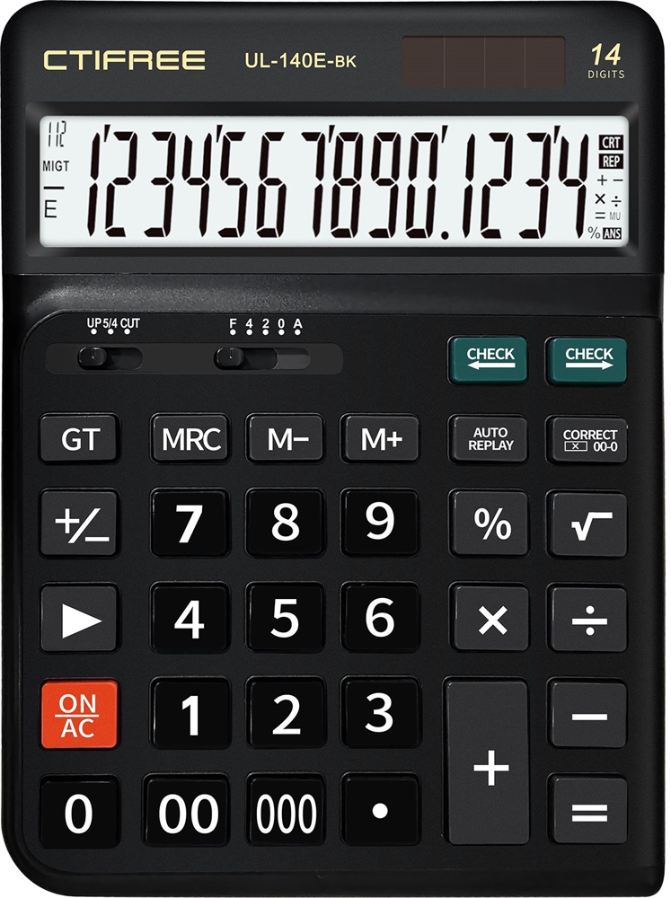 CTIFREE UL-140E-BK fekete ergonómikus számológép, 145x198mm, 14 számjegy, dual power