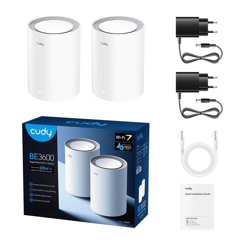 CUDY M3600(2-Pack) kétsávos BE3600 WIFI 7, Gigabit, fehér Mesh Router (2db-os szett)