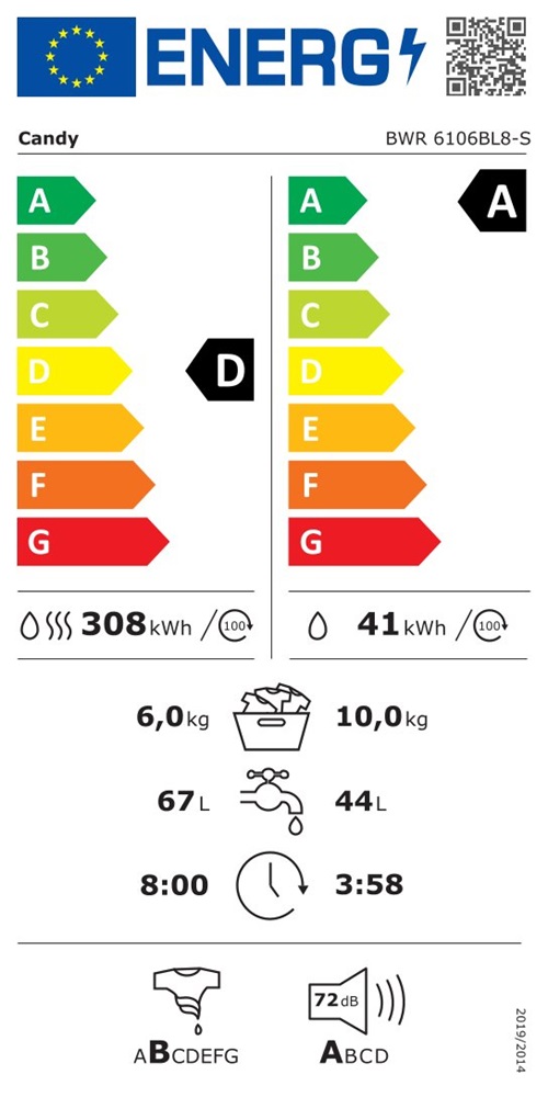 Candy BWR 6106BL8-S fehér, elöltöltős, max.: 1600 ford., 10/6kg mosó-szárítógép