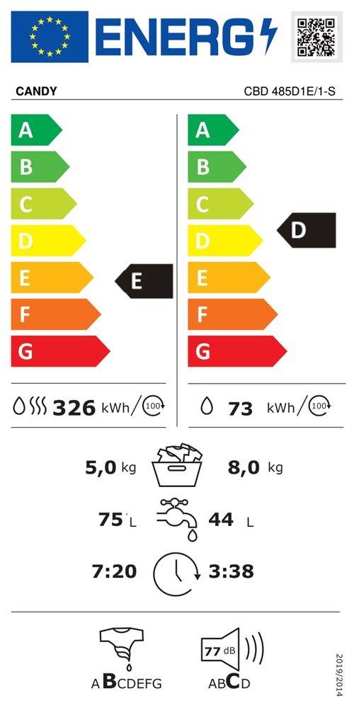 Candy CBD 485D1E/1-S fehér, elöltöltős, max.1400ford., 8 kg/5 kg, beépíthető mosó-szárítógép