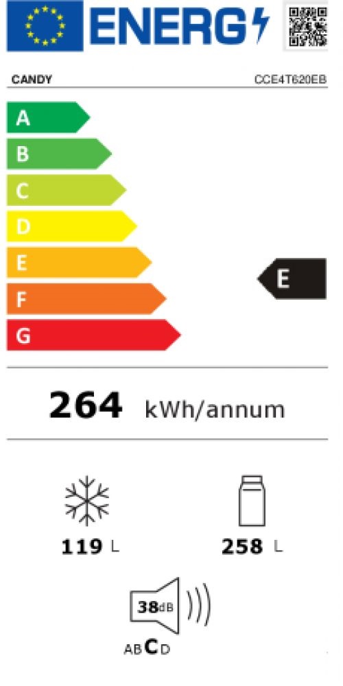 Candy CCE3T620EB fekete, alulfagyasztós, Hűtő:258L, Fagyasztó:119L, No frost hűtőszekrény