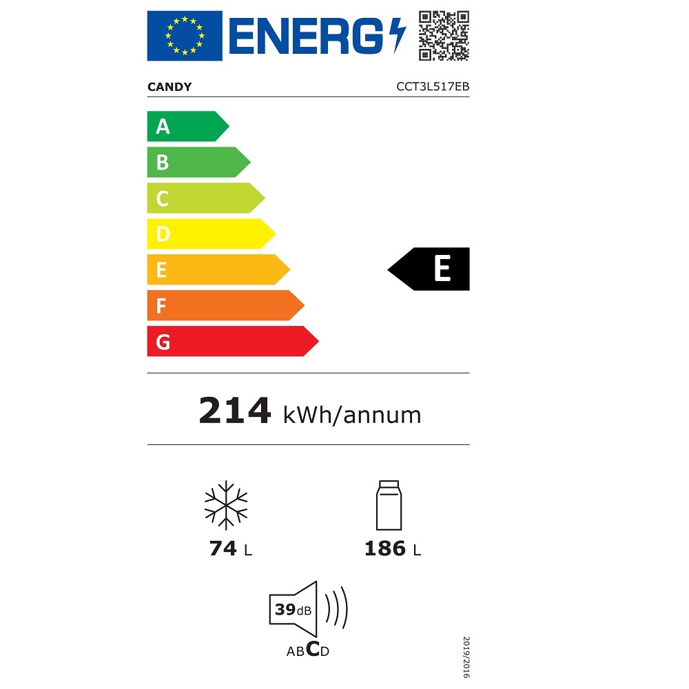 Candy CCT3L517EB fekete, alulfagyasztós, Hűtő:186L, Fagyasztó:74L, Low frost hűtőszekrény