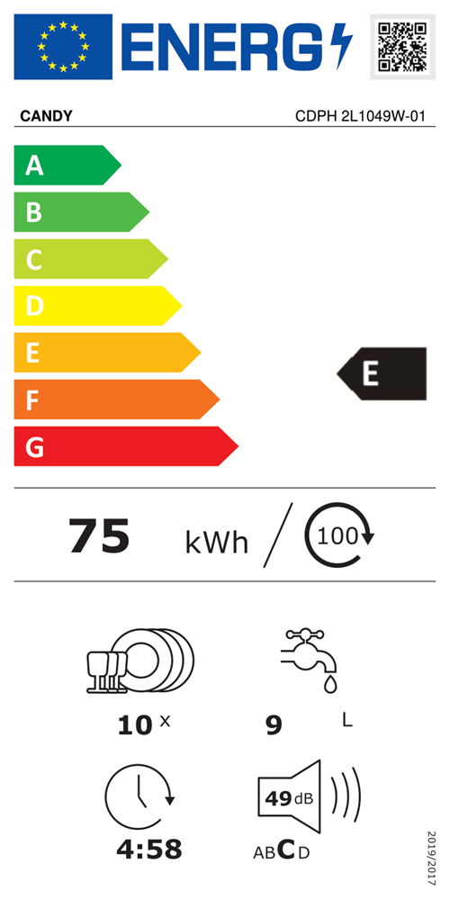 Candy CDPH 2L1049W-01 fehér, programok száma: 5, keskeny szabadonálló, 10 terítékes mosogatógép 