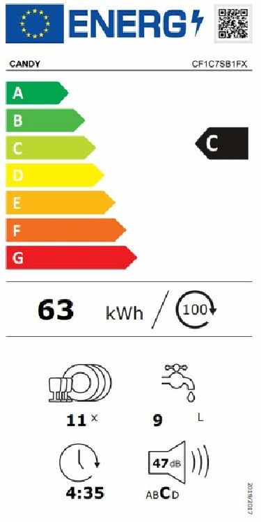 Candy CF1C7SB1FX inox, programok száma: 8, keskeny szabadonálló, 11 terítékes mosogatógép 