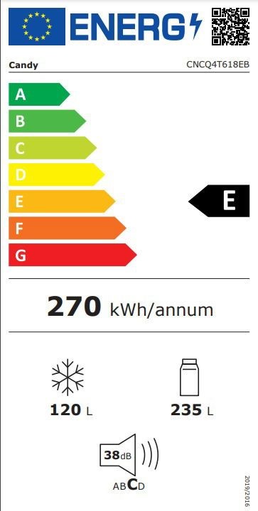 Candy ECN2CQTEB186, alulfagyasztós, Hűtő:235L, Fagyasztó:120L, Total No frost hűtőszekrény