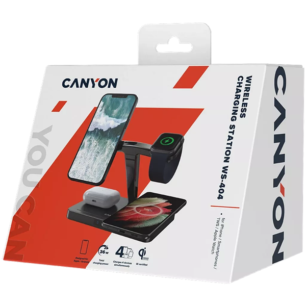 Canyon WS-404 4-in-1 15W univerzális vezeték nélküli töltő adapter fekete (Qi)
