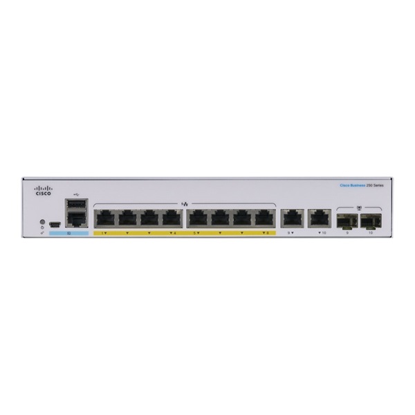 Cisco CBS250-8FP-E-2G 8x GbE PoE+ LAN 2x combo GbE RJ45/SFP port L2 menedzselhető PoE+ switch