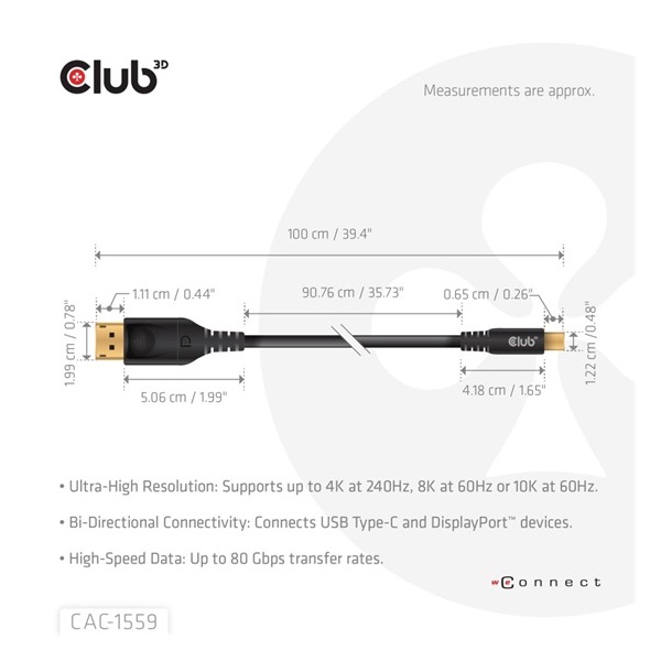 Club 3D CAC-1559 1m fekete USB-C - DisplayPort 2.1 kábel