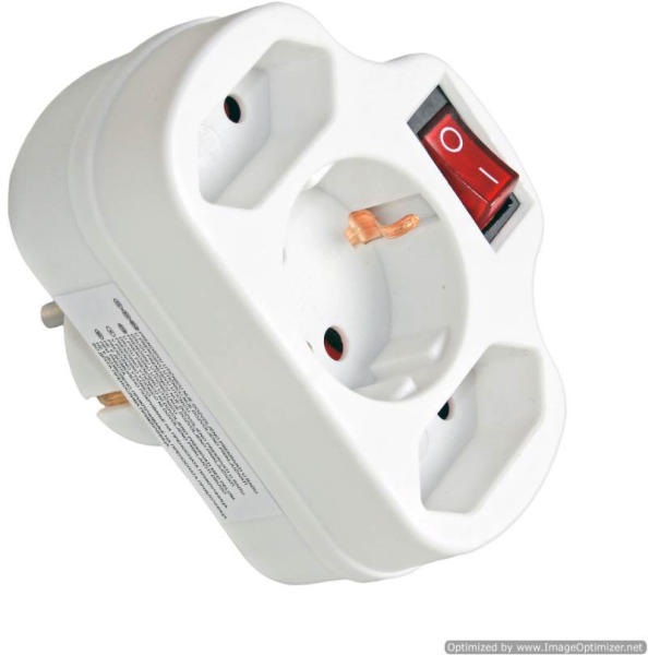 Commel 240-303 fehér adapter 2Euro + 1 földelt dugalj kapcsolóval