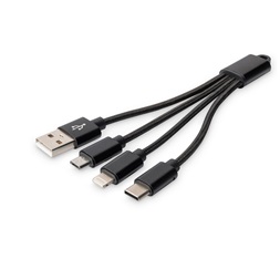 DIGITUS 3 az 1-ben USB type A - micro USB - USB type-C - Lightning fekete töltőkábel 0,15m