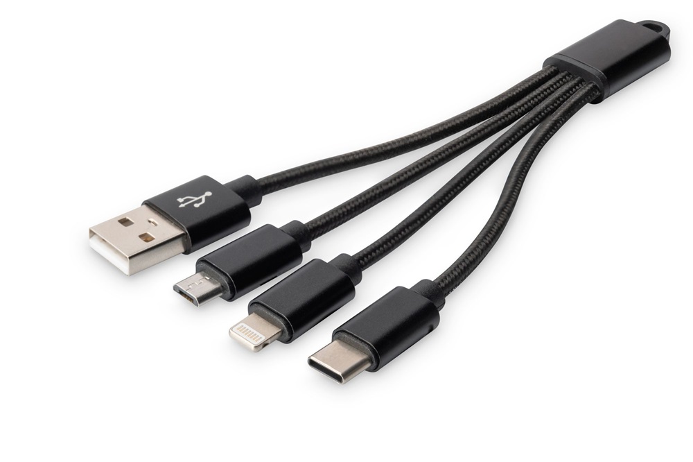 DIGITUS 3 az 1-ben USB type A - micro USB - USB type-C - Lightning fekete töltőkábel 0,15m