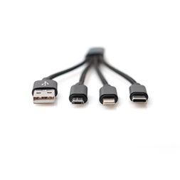 DIGITUS 3 az 1-ben USB type A - micro USB - USB type-C - Lightning fekete töltőkábel 0,15m