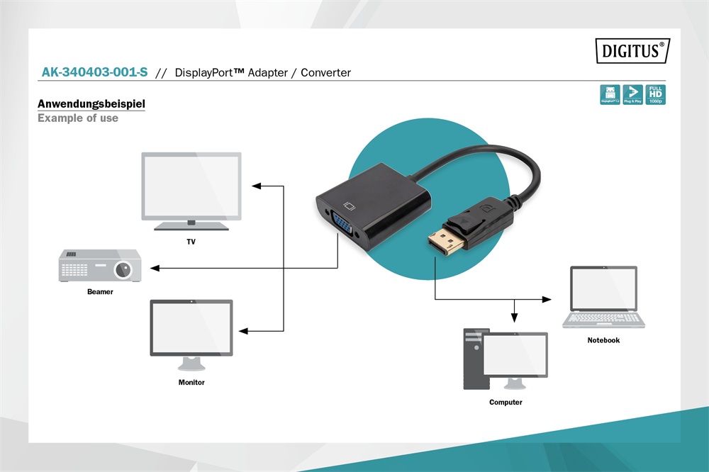 DIGITUS AK-340403-001-S VGA - Display port 0,15m átalakító kábel