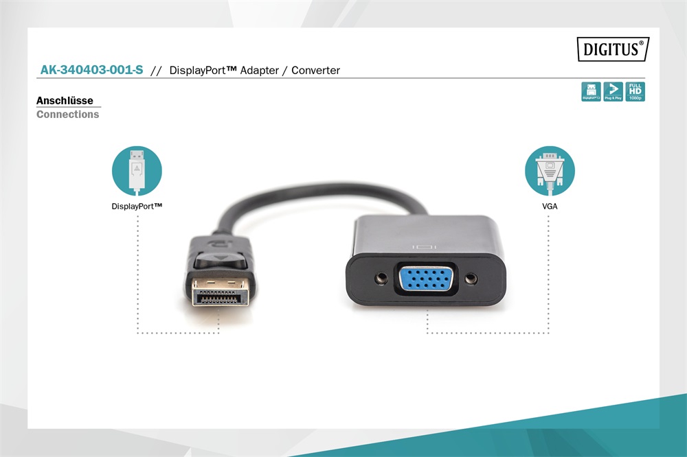 DIGITUS AK-340403-001-S VGA - Display port 0,15m átalakító kábel