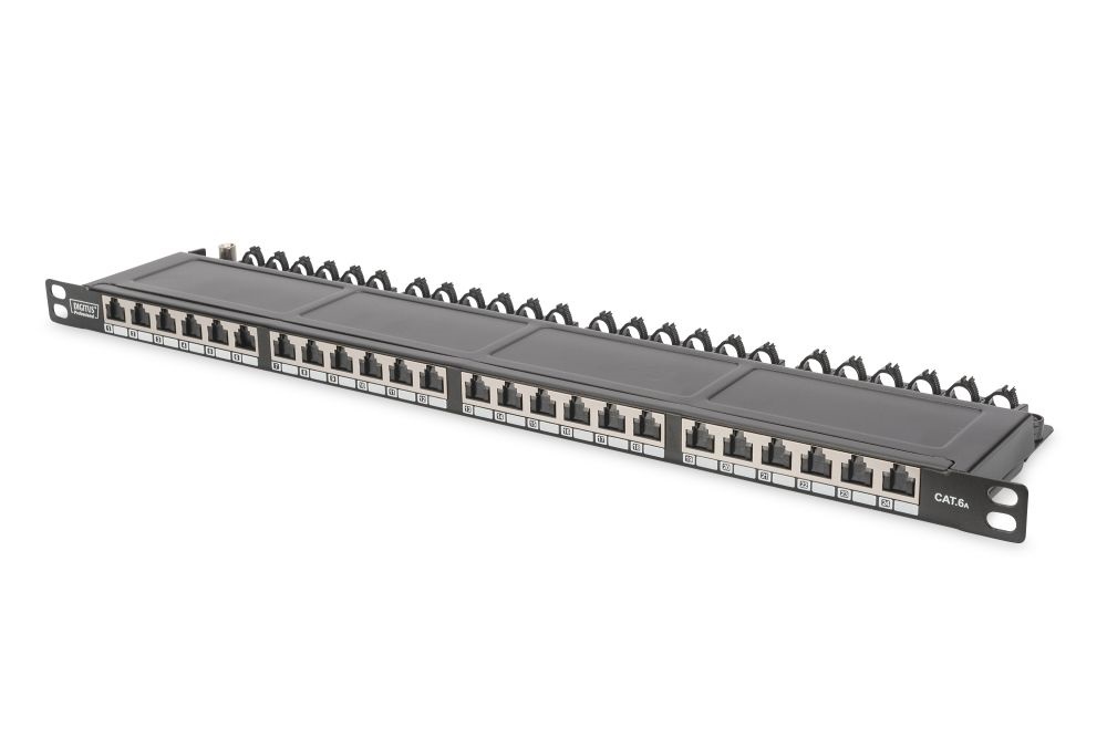 DIGITUS CAT6A HD 24port 19" 0,5U kompakt fekete árnyékolt Patch Panel