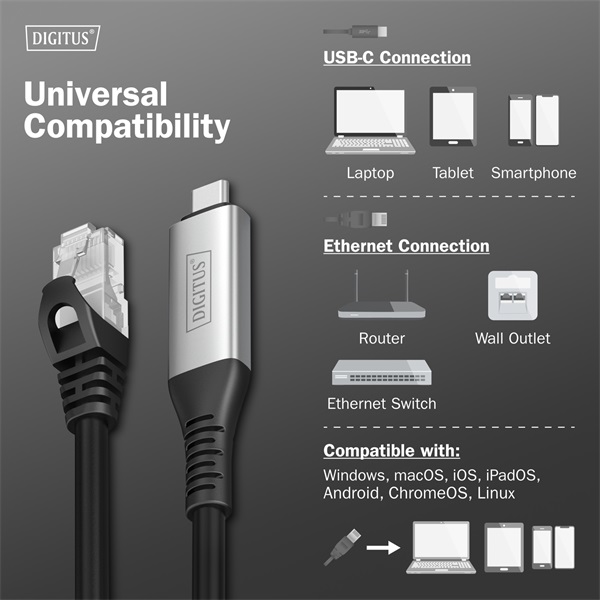 DIGITUS Cat.6A 1GbE RJ45 S/FTP LSZH USB 3.2 Gen1 type-C Ethernet kábel 10m