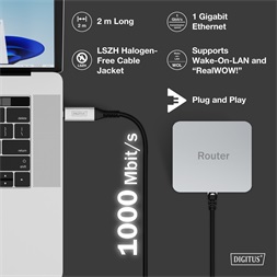 DIGITUS Cat.6A 1GbE RJ45 S/FTP LSZH USB 3.2 Gen1 type-C Ethernet kábel 2m