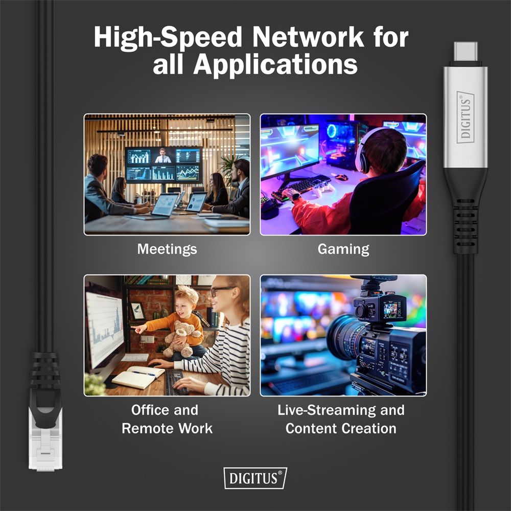 DIGITUS Cat.6A 1GbE RJ45 S/FTP LSZH USB 3.2 Gen1 type-C Ethernet kábel 2m