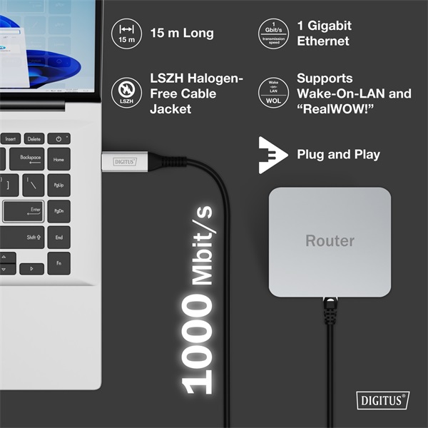 DIGITUS Cat.6A 1GbE RJ45 S/FTP LSZH USB-A 3.2 Gen1 Ethernet kábel 15m