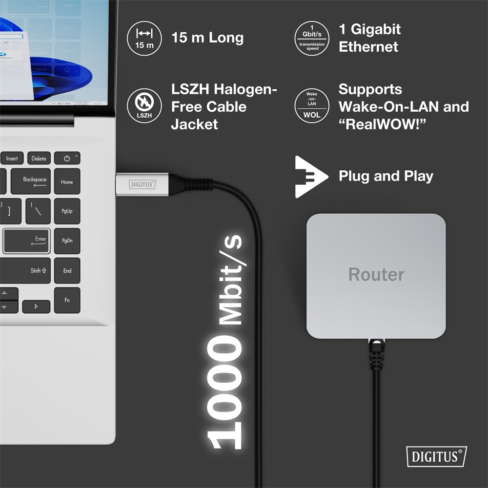 DIGITUS Cat.6A 1GbE RJ45 S/FTP LSZH USB-A 3.2 Gen1 Ethernet kábel 15m