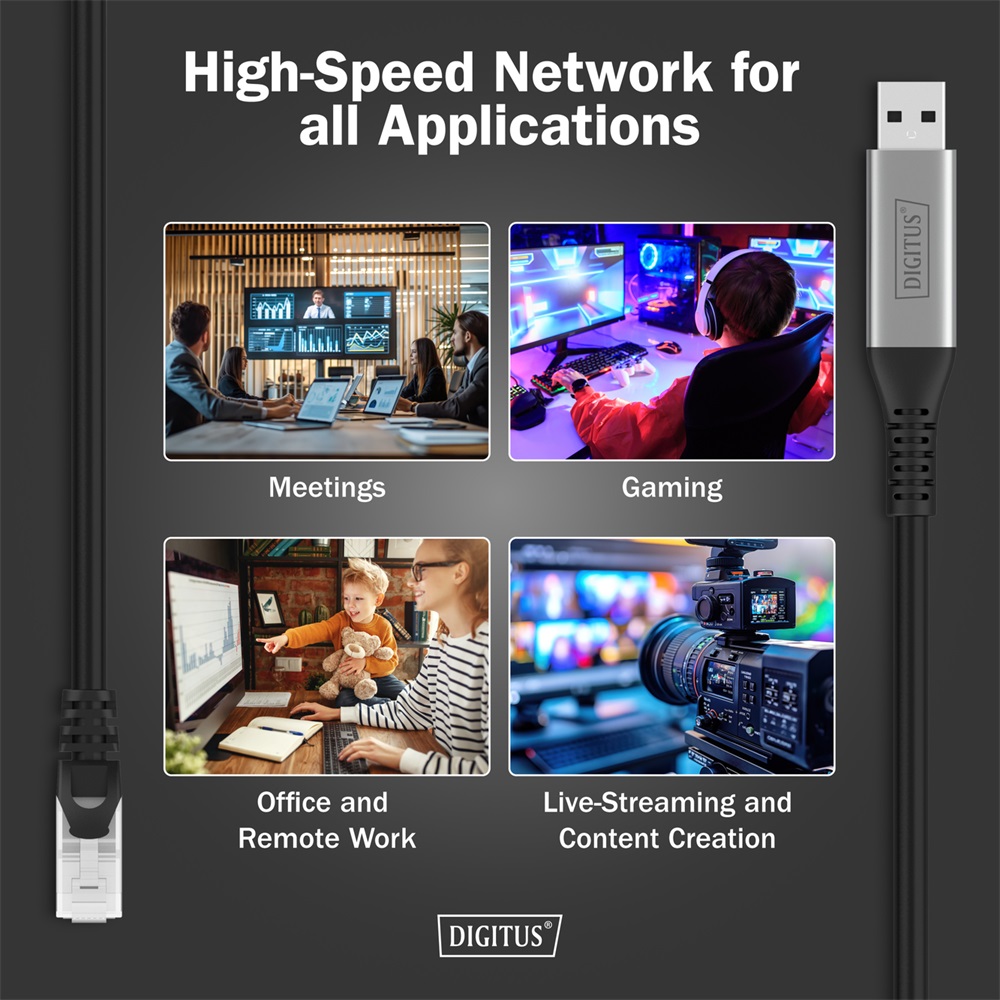 DIGITUS Cat.6A 1GbE RJ45 S/FTP LSZH USB-A 3.2 Gen1 Ethernet kábel 5m