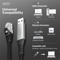 DIGITUS Cat.6A 1GbE RJ45 S/FTP LSZH USB-A 3.2 Gen1 Ethernet kábel 5m