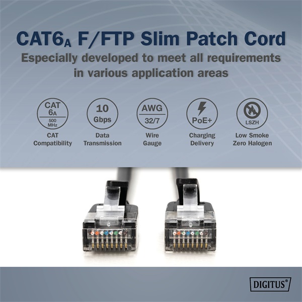 DIGITUS Cat.6A F/FTP LSZH 0,3m fekete slim patch kábel
