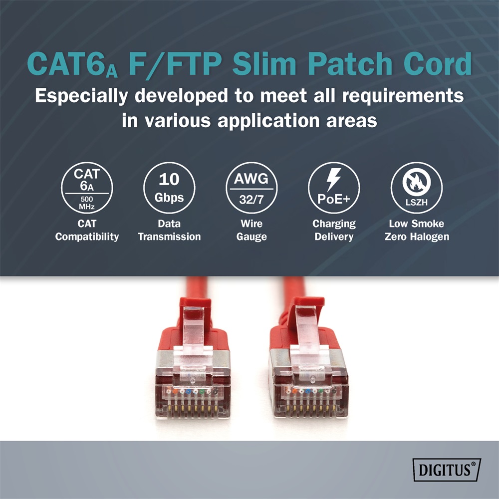 DIGITUS Cat.6A F/FTP LSZH 0,3m piros slim patch kábel