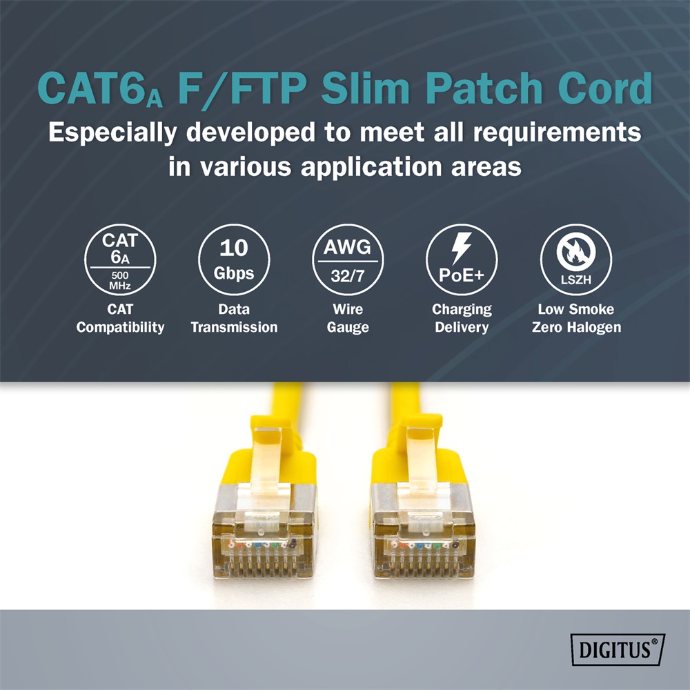 DIGITUS Cat.6A F/FTP LSZH 1,5m sárga slim patch kábel