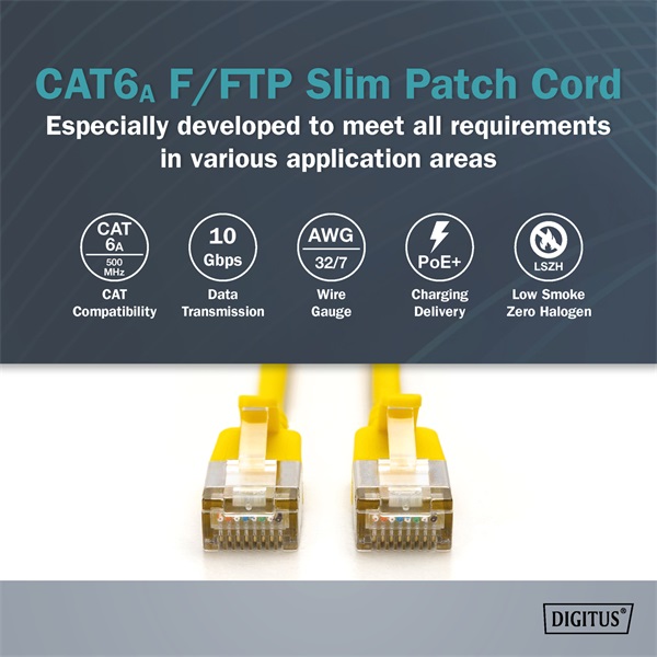 DIGITUS Cat.6A F/FTP LSZH 1m sárga slim patch kábel
