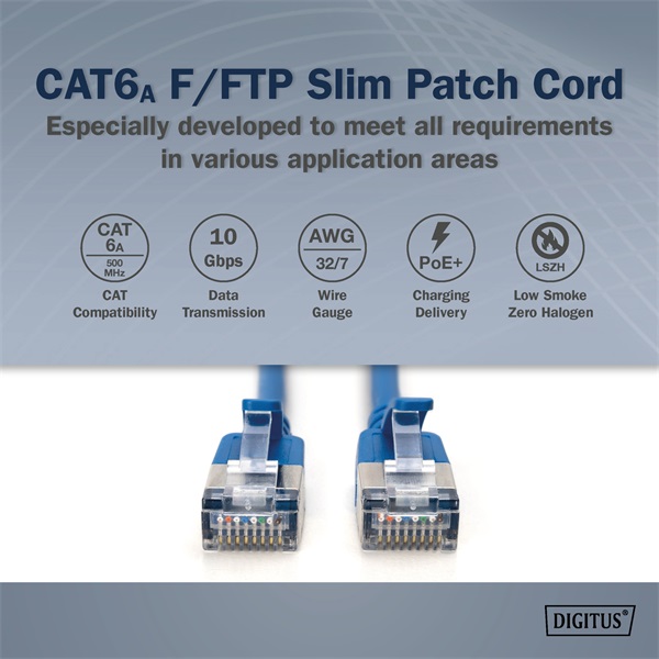 DIGITUS Cat.6A F/FTP LSZH 5m kék slim patch kábel