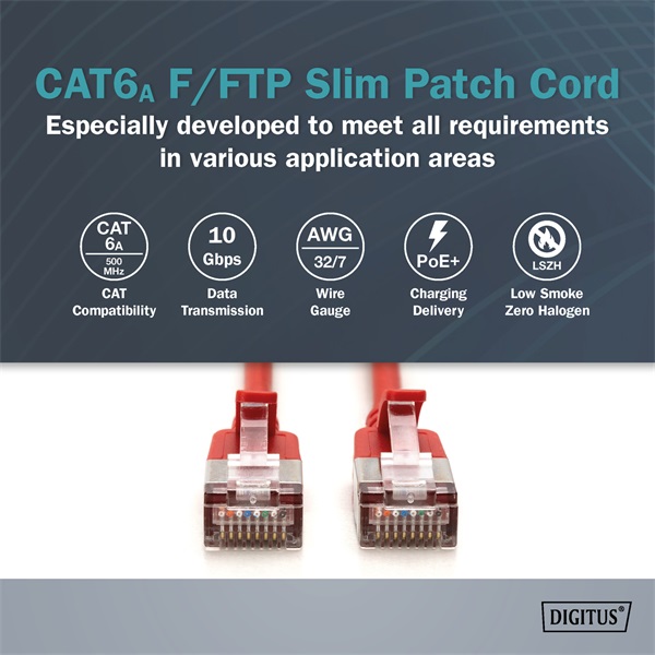 DIGITUS Cat.6A F/FTP LSZH 5m piros slim patch kábel