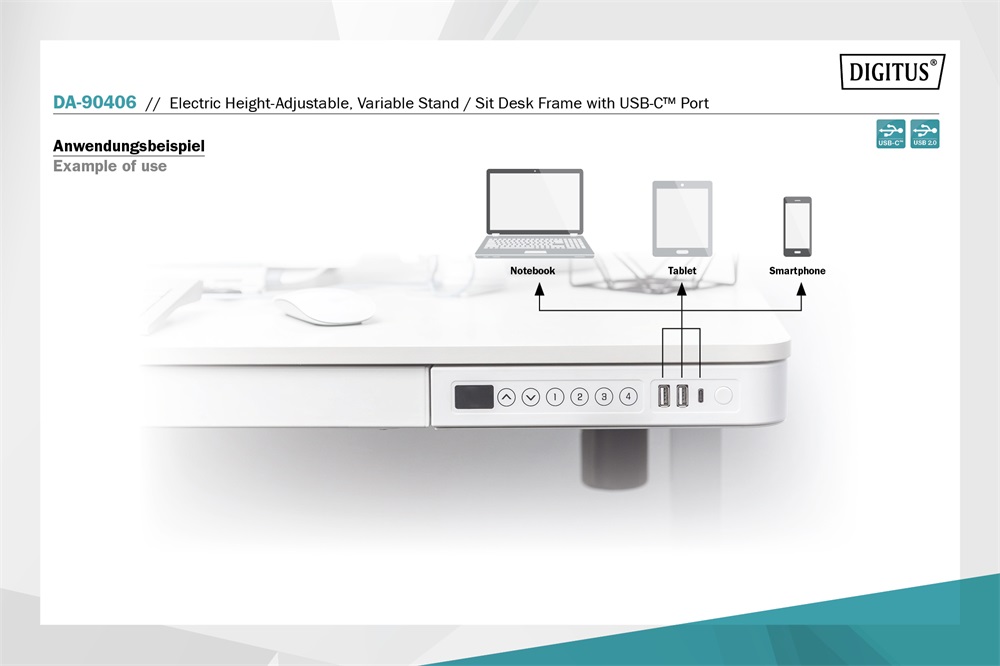 DIGITUS DA-90406 Elektromosan állítható magasságú fehér íróasztal USB-töltővel és fiókkal