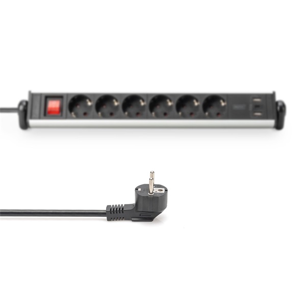 DIGITUS DA-70624 Asztali alumínium 6 schuko dugaljas 2x USB A 1x USB-C  port hálózati elosztó
