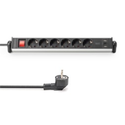 DIGITUS DA-70624 Asztali alumínium 6 schuko dugaljas 2x USB A 1x USB-C  port hálózati elosztó