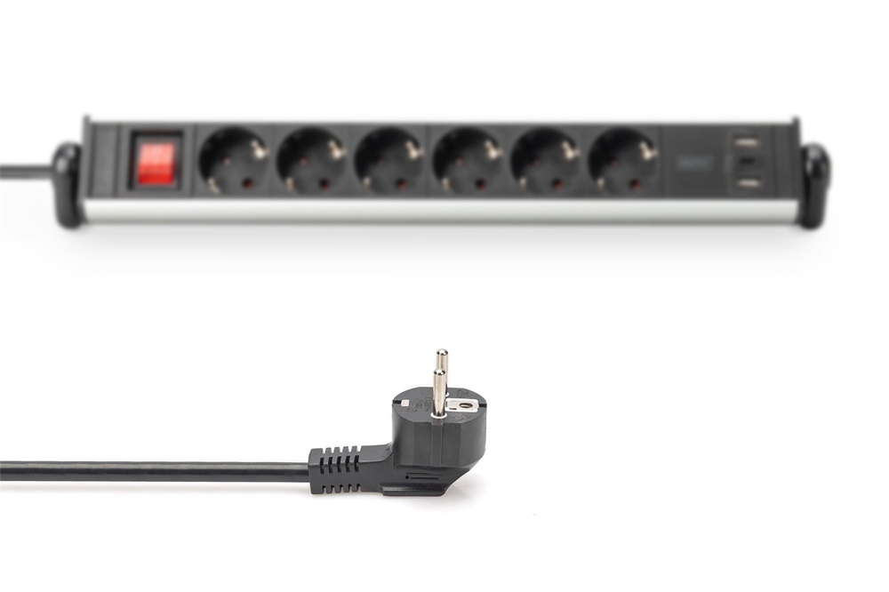 DIGITUS DA-70624 Asztali alumínium 6 schuko dugaljas 2x USB A 1x USB-C  port hálózati elosztó