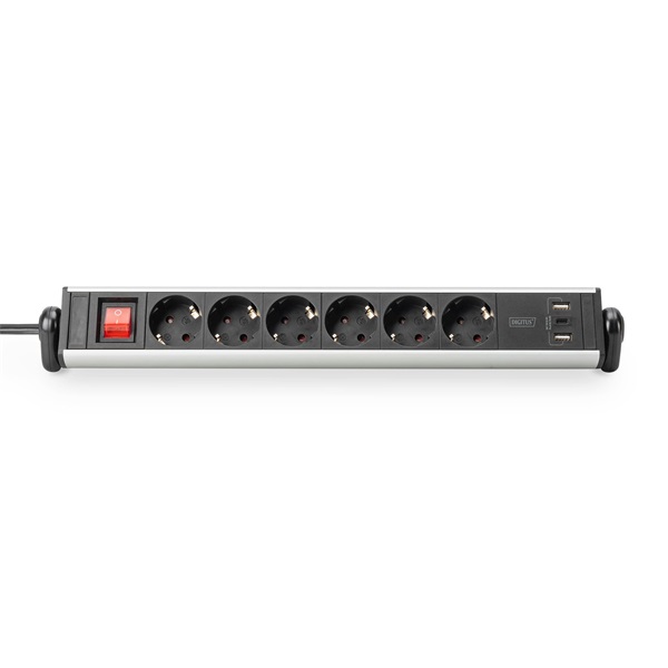 DIGITUS DA-70624 Asztali alumínium 6 schuko dugaljas 2x USB A 1x USB-C  port hálózati elosztó