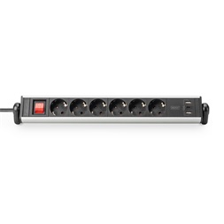 DIGITUS DA-70624 Asztali alumínium 6 schuko dugaljas 2x USB A 1x USB-C  port hálózati elosztó