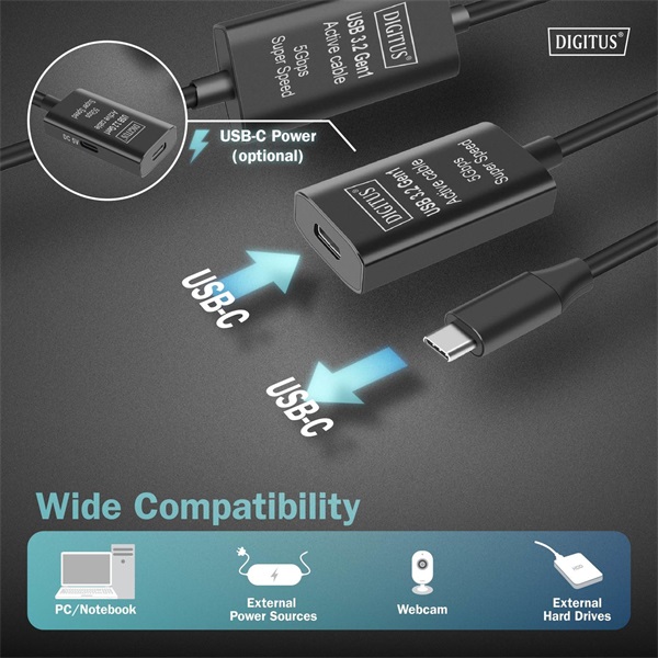 DIGITUS DA-73109 SuperSpeed Aktív USB 3.2 Gen2 type-C hosszabbító kábel 10m