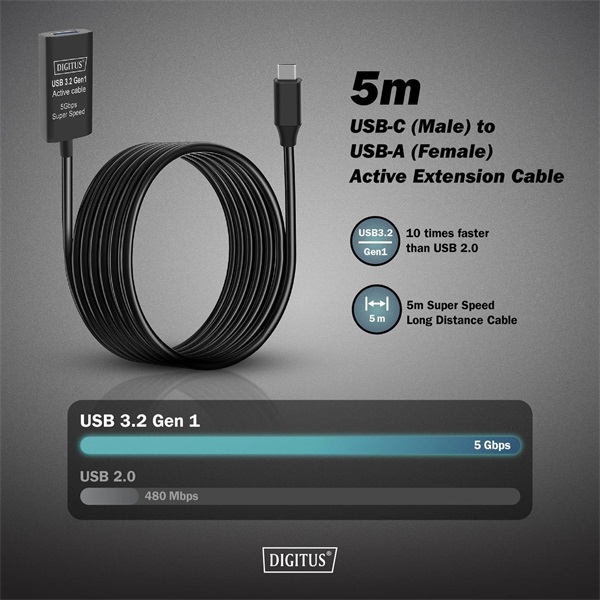 DIGITUS DA-73110 SuperSpeed Aktív USB-A 3.2 Gen1 USB type-C hosszabbító kábel 5m