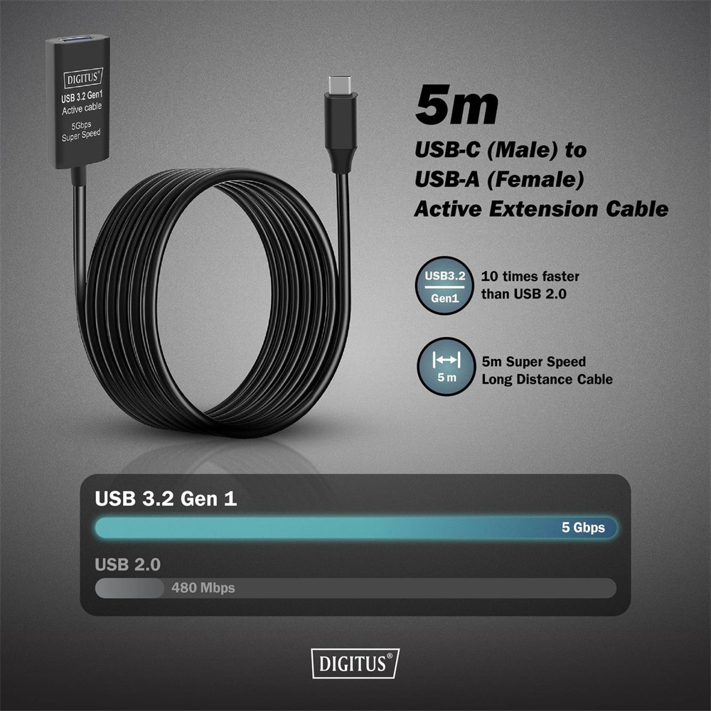 DIGITUS DA-73110 SuperSpeed Aktív USB-A 3.2 Gen1 USB type-C hosszabbító kábel 5m