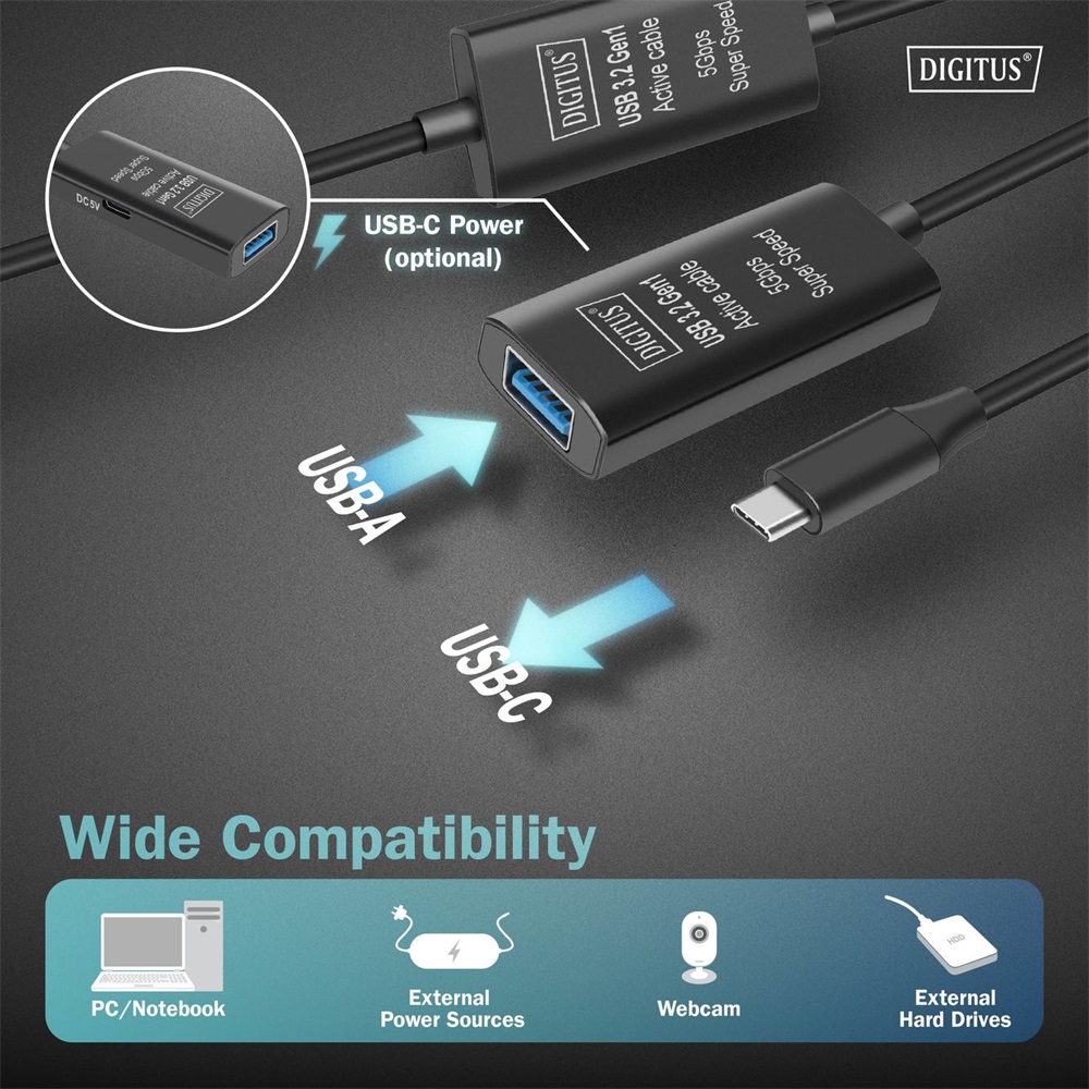 DIGITUS DA-73111 SuperSpeed Aktív USB-A 3.2 Gen1 USB type-C hosszabbító kábel 10m