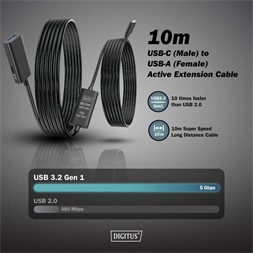 DIGITUS DA-73111 SuperSpeed Aktív USB-A 3.2 Gen1 USB type-C hosszabbító kábel 10m