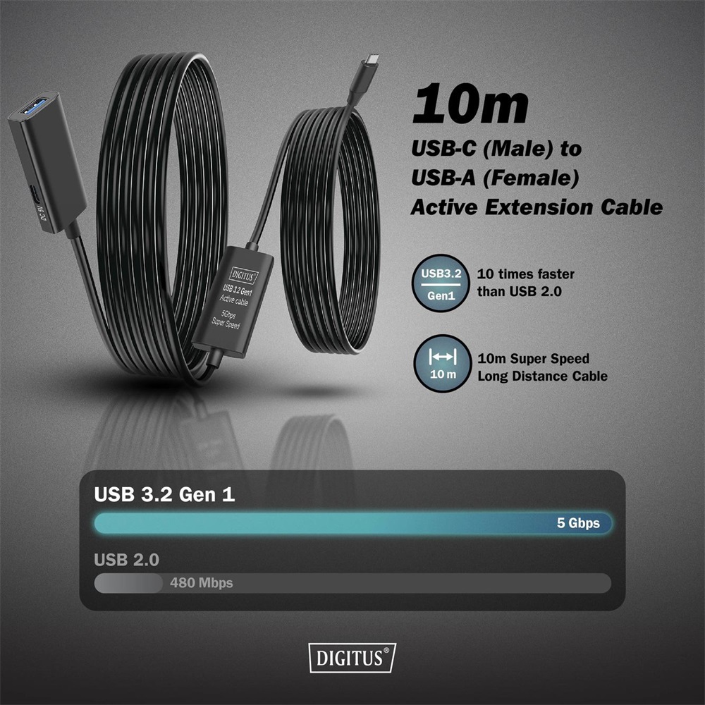 DIGITUS DA-73111 SuperSpeed Aktív USB-A 3.2 Gen1 USB type-C hosszabbító kábel 10m