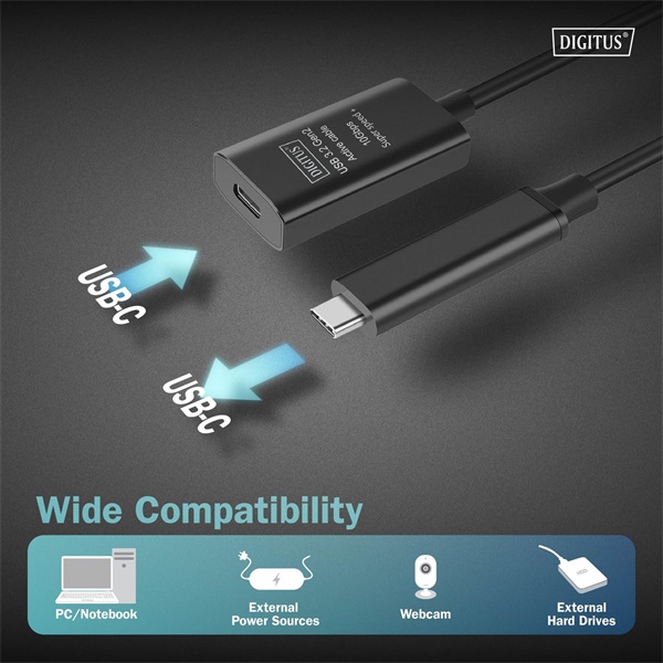 DIGITUS DA-73112 SuperSpeed Aktív USB 3.2 Gen2 type-C hosszabbító kábel 5m